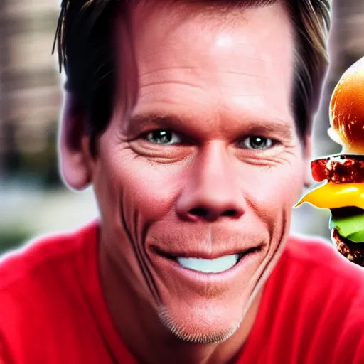 Image similar to kevin bacon's face merged with a cheeseburger