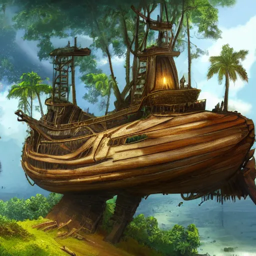 Prompt: Wrecked wooden ship on the top of jungle trees, 8k, detailed, concept art, trending on artstation