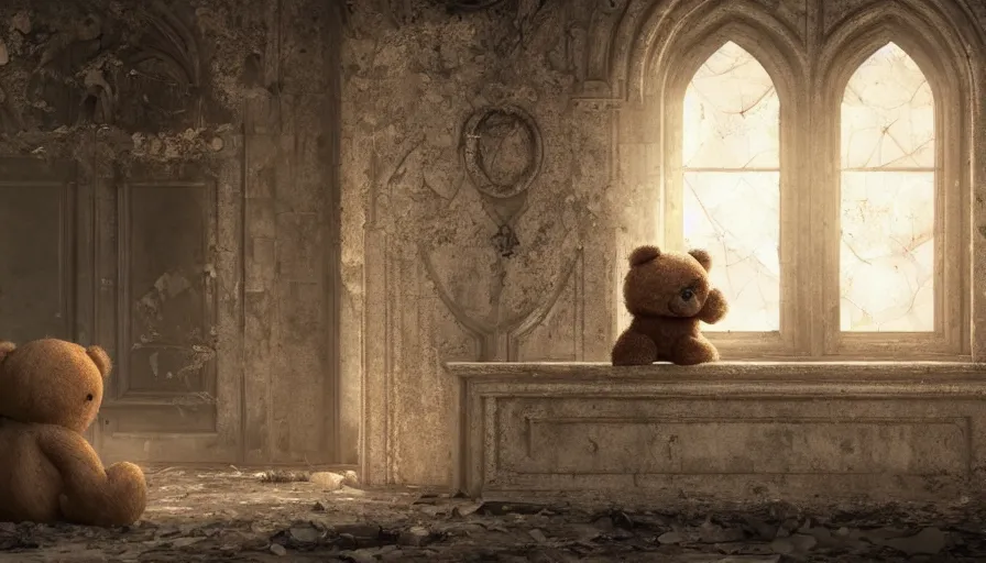 Image similar to Abandoned teddy bear on a floor of an abandoned Neo-Gothic manor looking at the moon through the big windows in front of him, hyperdetailed, artstation, cgsociety, 8k