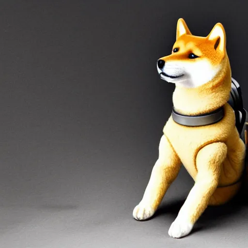 Prompt: doge the shiba - inu as a futuristic robot made of metal and carbon - fiber, in a sunny suburban living - room.