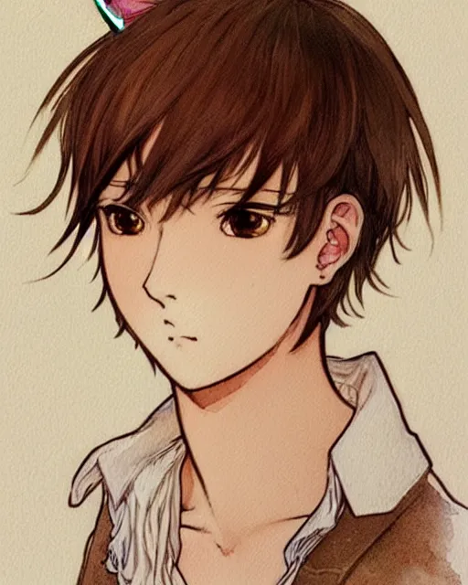 Prompt: A watercolor frontal portrait of a beautiful anime skinny dark tanned catboy with short cream colored hair and fennec ears on top of his head wearing a white sweater, elegant, delicate, soft lines, higly detailed, smooth , pixiv art, ArtStation, pink hue, artgem, art by alphonse mucha charles reid mary cassatt jose royo and shirow masamune, high quality