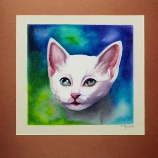 Image similar to a prism magically fractures a white kitten into every color of the rainbow, surreal fantasy watercolor,