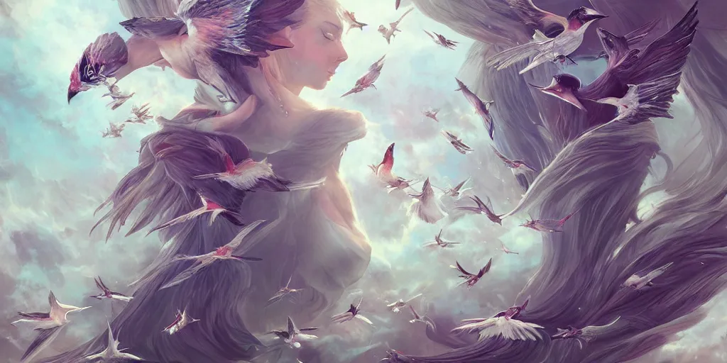 Prompt: A flock of birds transforming into a beautiful princess by ross tran, hyper-detailed, intricate, wide angle, beautiful, fantasy, concept art