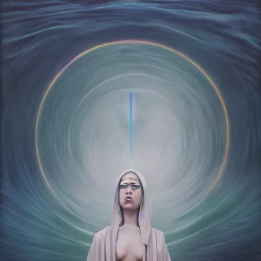 Image similar to gorgeous robed cult girl performing realism third eye ritual, dark theme night time, expanding electric energy waves into the ethereal realm, epic surrealism 8k oil painting, portrait, perspective, high definition, post modernist layering, by Sean Yoro-H 777