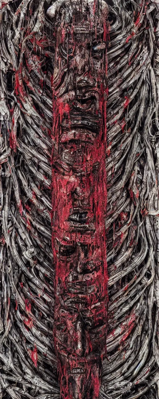Prompt: totem pole made of skin blood in a giger artwork psycho stupid fuck it insane, looks like death but cant seem to confirm, bleeding psychedelic soft colors, various refine techniques, micro macro autofocus, to hell with you, later confirm hyperrealism, set back dead colors, devianart craze