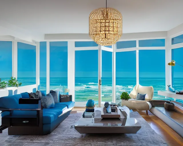 Prompt: A modern living room in a ocean hues style, ocean view, luxurious table, calm, relaxed style, harmony, wide angle shot, 8k resolution, professional lighting