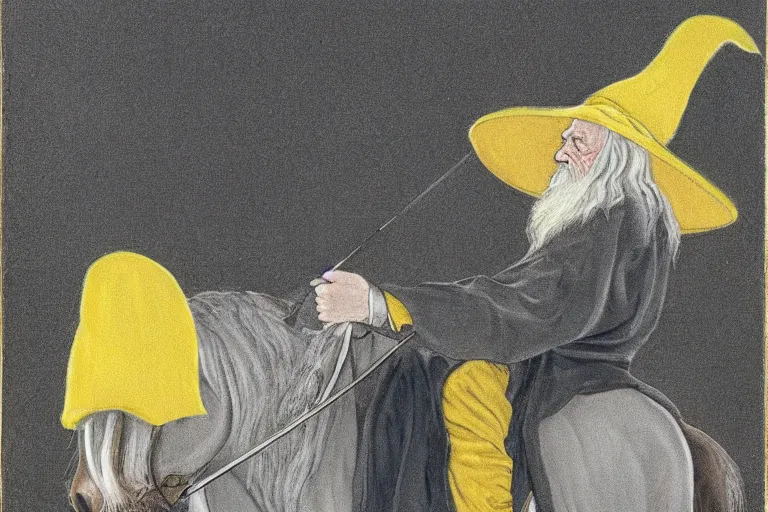 Image similar to Portrait of Gandalf with a yellow hat riding a horse, photo