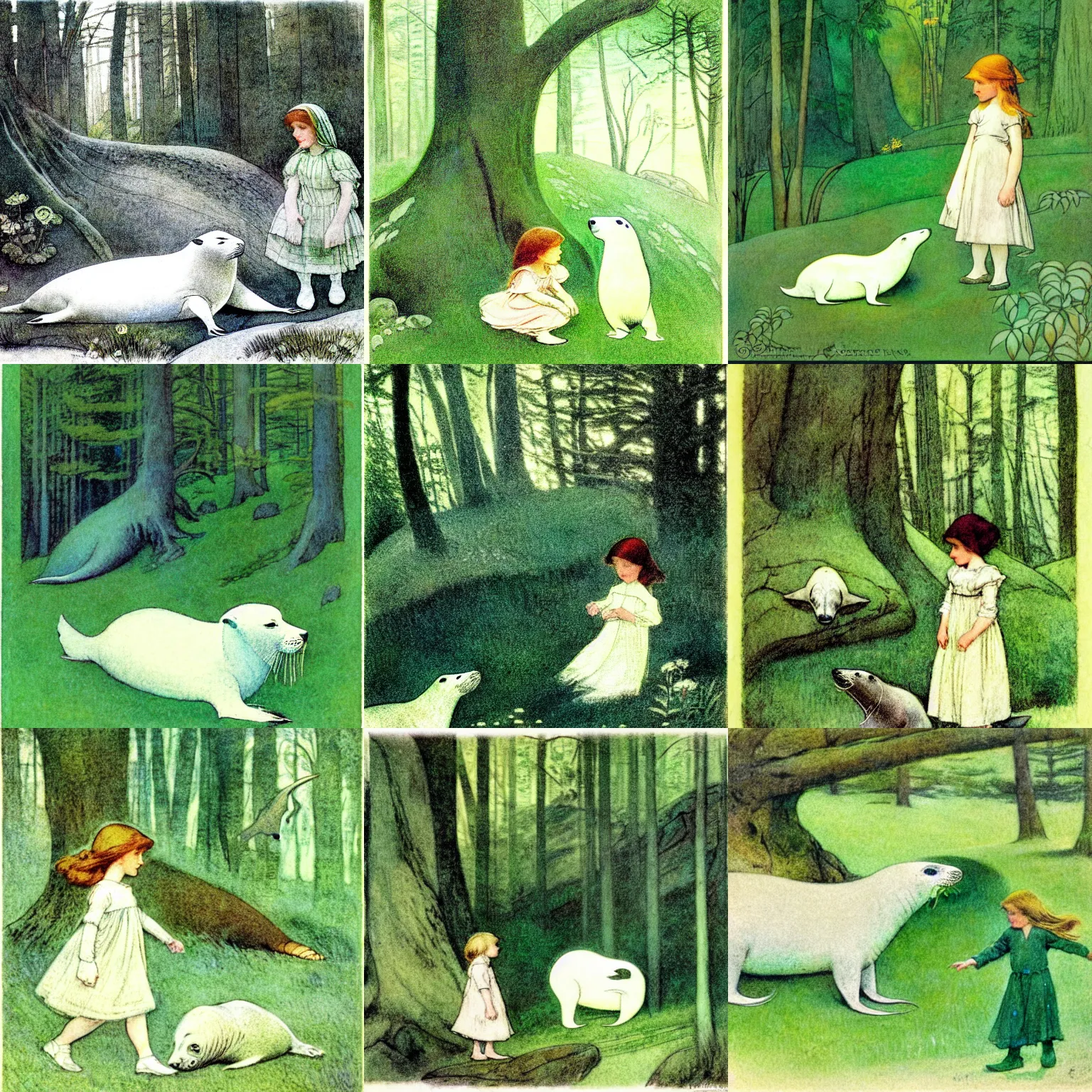 Prompt: a storybook illustration of a little girl and a large white seal wandering the prehistoric Mesozoic Era in the style of Jessie Willcox Smith, green flora forest, monochromatic, nature, 1908