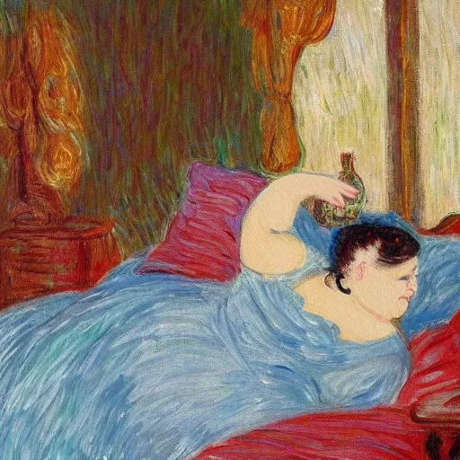 Image similar to a beautiful painting of a beautiful fat woman wearing a nightgown drinking coffee in a bed with white sheets in the style of in the style of Monet