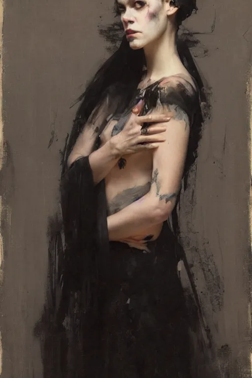 Image similar to Richard Schmid and Jeremy Lipking and Roberto Ferri full length portrait painting of a young beautiful evil fantasy priestess covered head to toe in black except for face