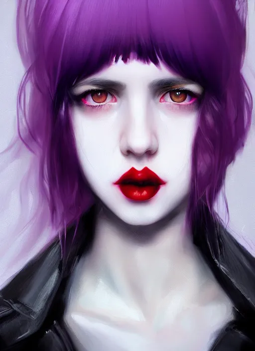 Image similar to portrait of white teenage girl, normal face, black bangs, mall goth, cyberlox, black and white hair, bangs, fluffy bangs, red contacts, purple lipstick, intricate, elegant, highly detailed, digital painting, artstation, concept art, sharp focus, smooth, illustration, art by wlop, mars ravelo and greg rutkowski