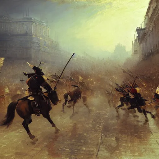 Image similar to highly detailed painting of samurais patrolling moscow, by william turner, by greg rutkowski, by william constable, thick brush strokes and visible paint layers, 4 k resolution