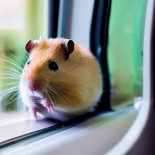 Prompt: photo of a hamster inside a metro train, looking out of the window, various poses, unedited, soft light, sharp focus, 8 k