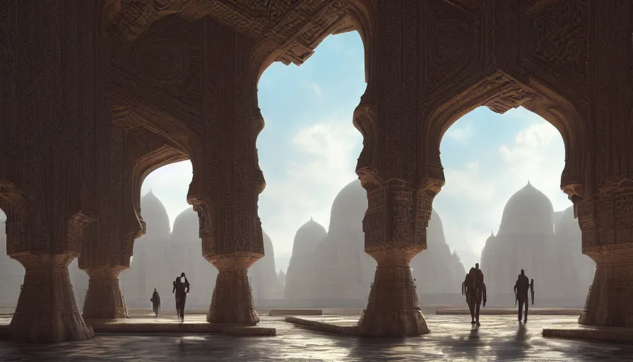 Image similar to the inside of a monument with indian motifs, by tim blandin and arthur haas and bruce pennington and john schoenherr, big windows architecture by zaha hadid, octane render, cinematic, scenery, cgsociety, modernism, futuristic, trending on artstation, sci - fi, high detail, high quality, close up angle, people walking