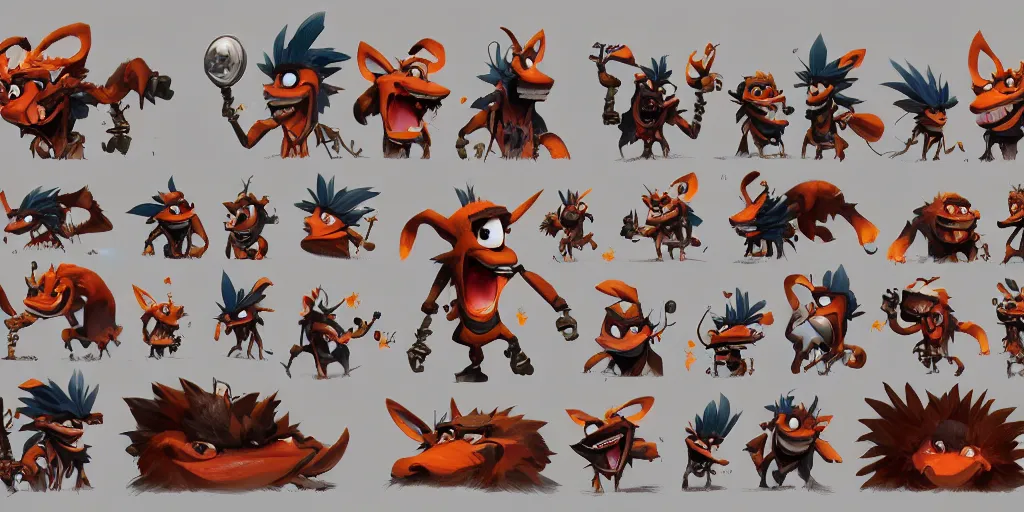 Image similar to crash bandicoot, character sheet, concept design, contrast, kim jung gi, greg rutkowski, zabrocki, karlkka, jayison devadas, trending on artstation, 8 k, ultra wide angle, pincushion lens effect