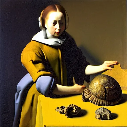 Prompt: Oil painting of an artificially-intelligent android examining an ammonite fossil in the style of The Astronomer by Johannes Vermeer, 1666, highly detailed