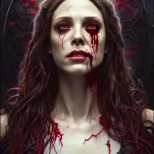 Image similar to portrait painting of zombified scarlet witch decaying, ultra realistic, concept art, intricate details, eerie, highly detailed, photorealistic, octane render, 8 k, unreal engine. art by artgerm and greg rutkowski and charlie bowater and magali villeneuve and alphonse mucha