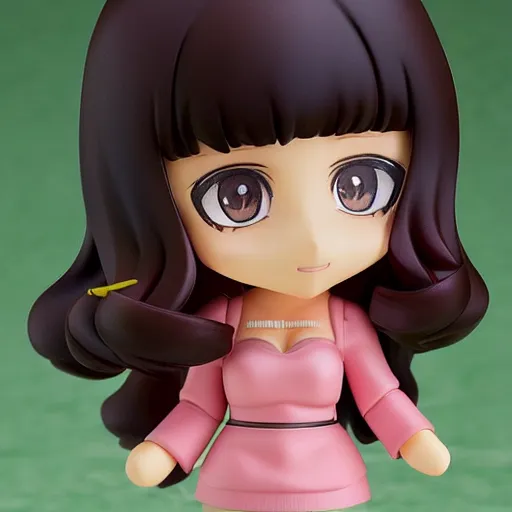 Prompt: nendoroid of a tan middle aged woman with dark long wavy hair, brown eyes, pink lipstick