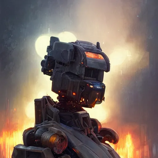 Image similar to portrait of timberwolf battlemech on fire, battle damage, sunset glow around head, full body portrait, intricate, elegant, highly detailed, digital painting, artstation, concept art, smooth, sharp focus, illustration, art by artgerm and greg rutkowski and alphonse mucha, background is a city in ruins