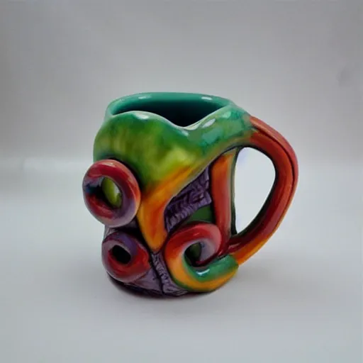 Image similar to a ceramic octopus sculpture mug, creative, beautiful, award winning design, functional, colorful