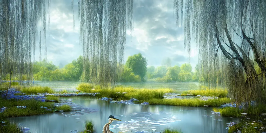 Prompt: a majestic blue heron in shallow river, waterfalls in distance, willow trees, cherry blosom trees, lily pads, bullrushes, marsh, clouds, godrays, intricate, luminescent matte painting, highly detailed, artstation