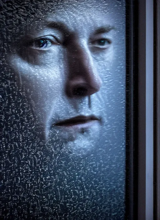 Image similar to dark photo of dark blue rainy bedroom window at night, dimly lit creepy face of elon musk staring in through the window, horror, scary face,