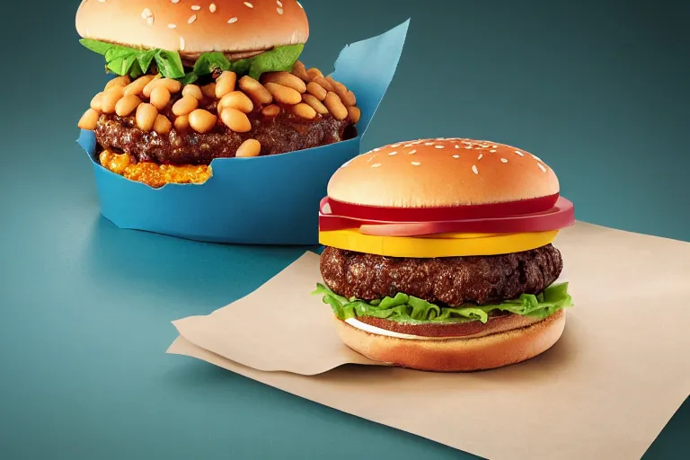 Image similar to mcdonalds baked beans burger, commercial photograph