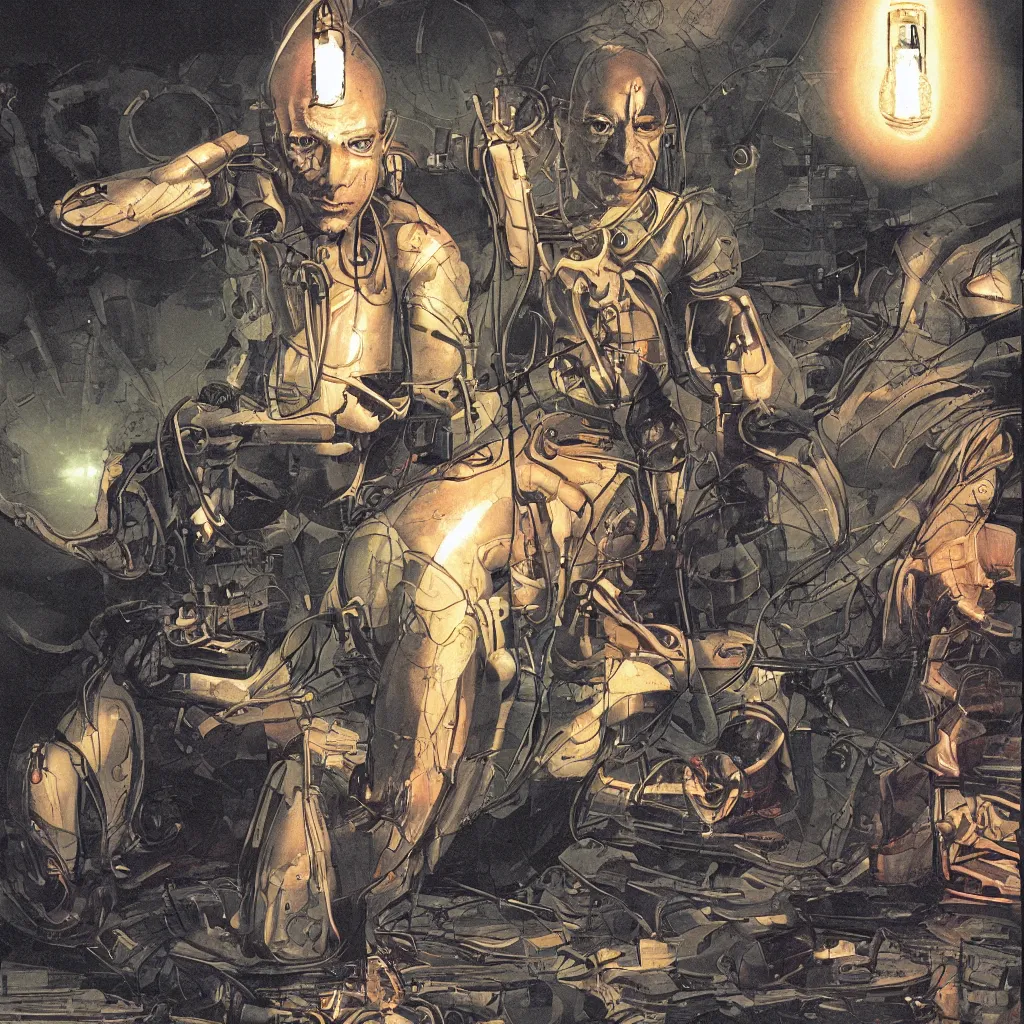 Prompt: Half cyborg half monk discovering enlightenment in a futuristic 2300