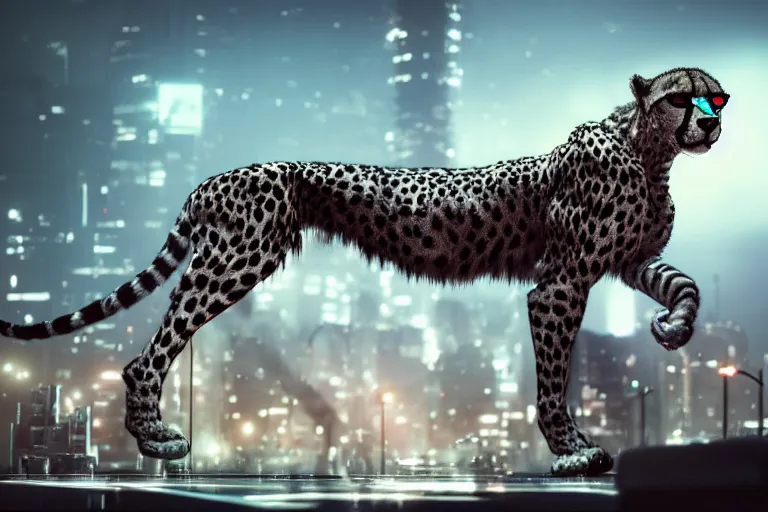 Prompt: wide angle shot of cybernetic cheetah, city lights, strong bokeh, dramatic, cinematic, high contrast, octane render, cgsociety, artstation, 4k