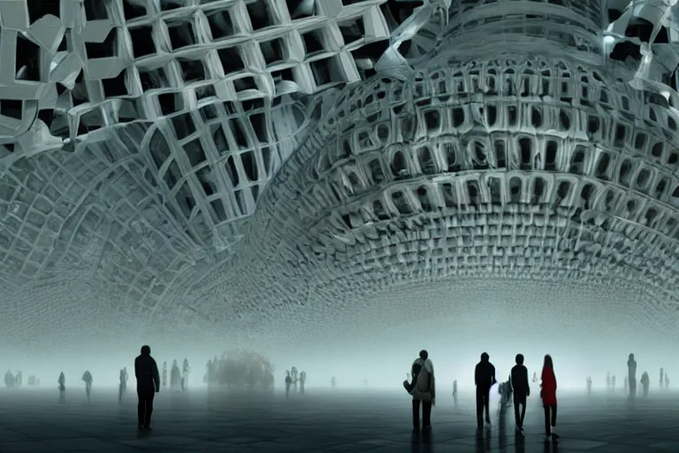 Image similar to tourists visiting a complex organic fractal 3 d ceramic humanoid megastructure, cinematic shot, foggy, photo still from movie by denis villeneuve