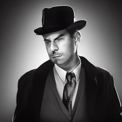Prompt: /noir portrait of detective wearing a black hat, mafia, gangster, photoreal, cinematic lighting, mist, dark night city background, old movie