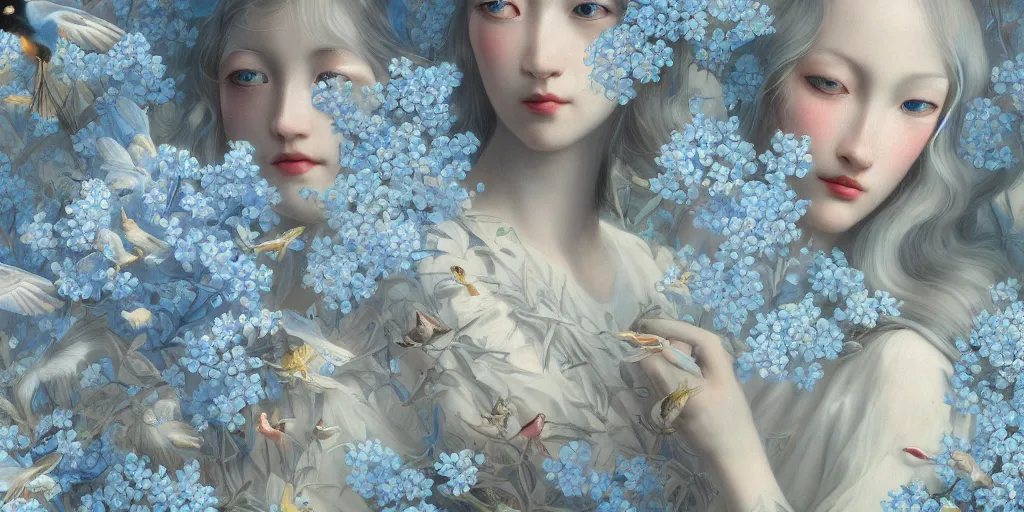 Image similar to breathtaking detailed concept art painting art deco pattern of blonde faces goddesses amalmation light - blue flowers with anxious piercing eyes and blend of flowers and birds, by hsiao - ron cheng and john james audubon, bizarre compositions, exquisite detail, extremely moody lighting, 8 k