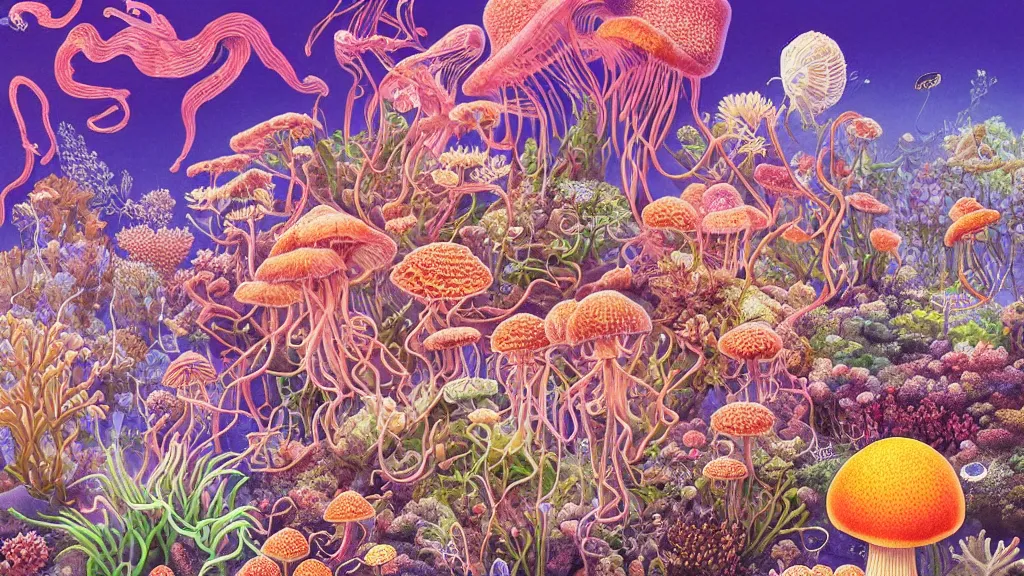 Image similar to highly detailed illustration of all the known species of plants, flowers, corals, mushrooms and jellyfish by juan gatti, by makoto shinkai, by moebius!, by oliver vernon