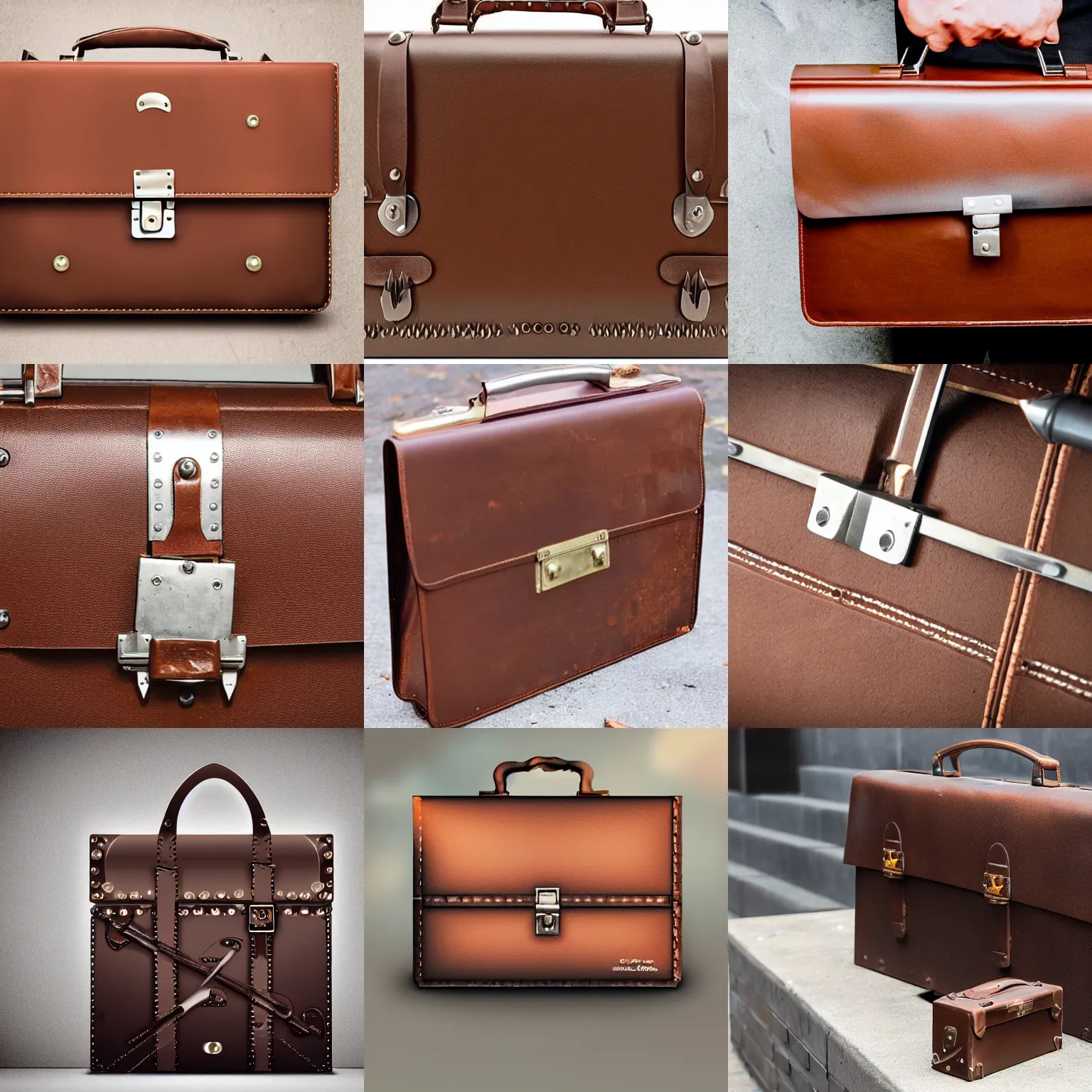 Prompt: a brown briefcase with dangerous metal spikes coming out of it