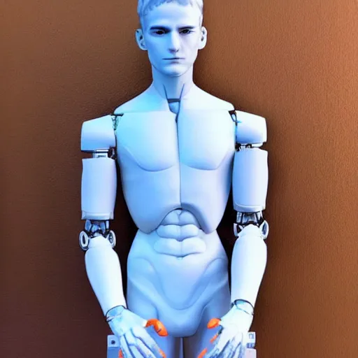 Image similar to “a realistic detailed photo of a guy who is an attractive humanoid who is half robot and half humanoid, who is a male android, twitch streamer Ninja Tyler Blevins, shiny skin, posing like a statue, blank stare, at the door entrance, display”