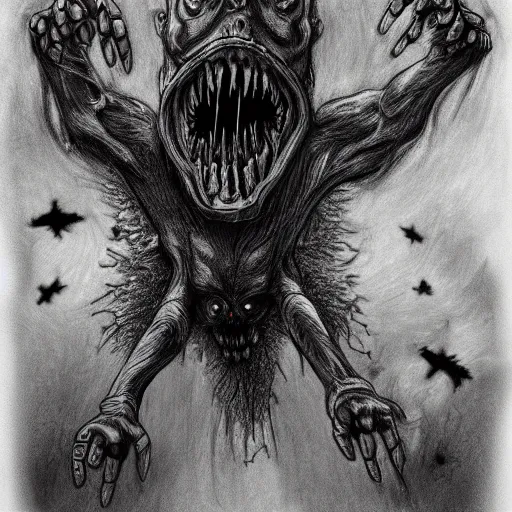 Prompt: a detailed pencil drawing of a nightmarish decaying flying zombie with claws and black holes in reality, trending on artstation