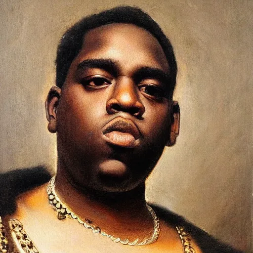 Prompt: half body shot, classic oil painting portrait of the notorious b. i. g. painted by jan lievens, rembrandt, dutch masters, hyper detailed,