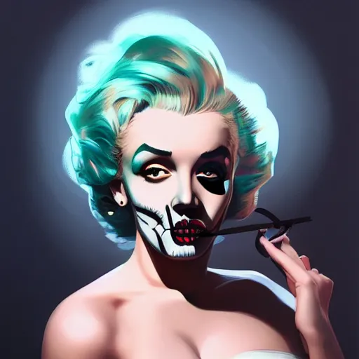 Prompt: a portrait of a girl skull face, marilyn monroe, in the style of artgerm, charlie bowater, atey ghailan and mike mignola, vibrant colors and hard shadows and strong rim light, plain background, comic cover art, trending on artstation