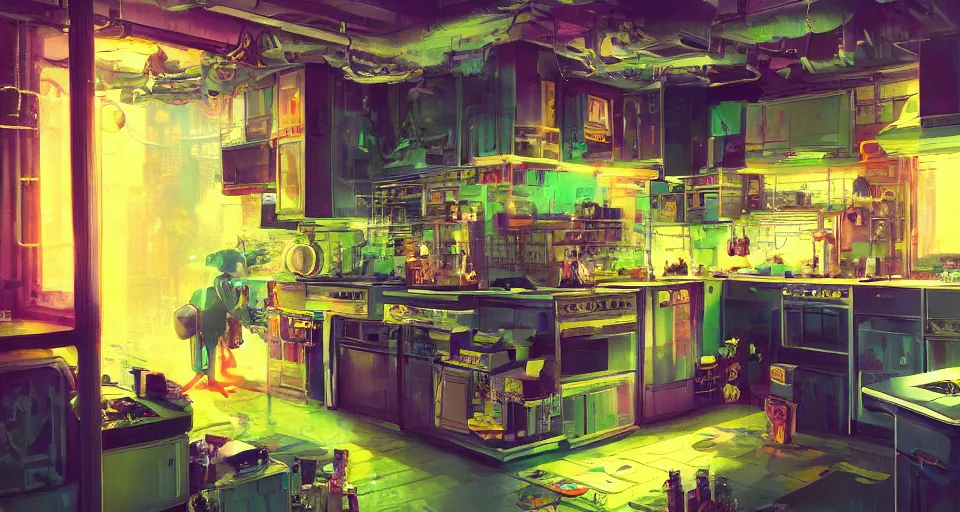 Image similar to IKEA catalogue photo of a cyberpunk kitchen, by Paul Lehr