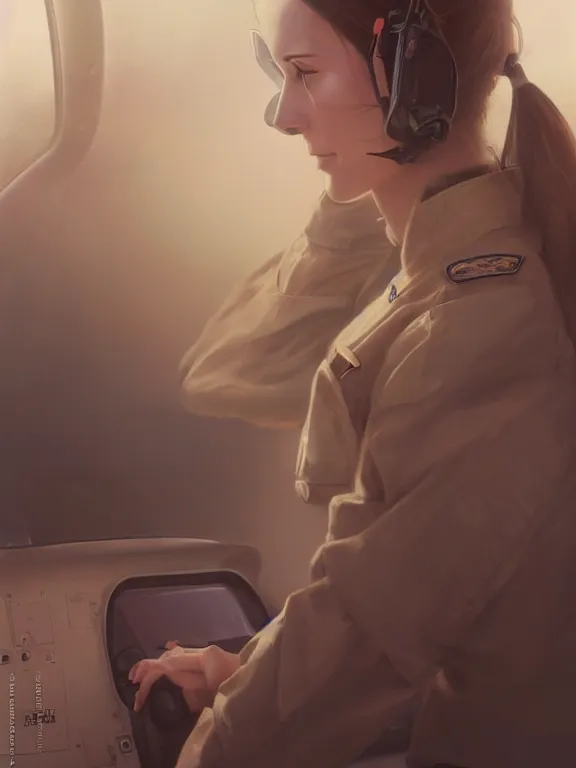 Image similar to an ultradetailed beautiful portrait painting of a girl as an helicopter pilot, side view, oil painting, high resolution, by ilya kuvshinov, greg rutkowski and makoto shinkai