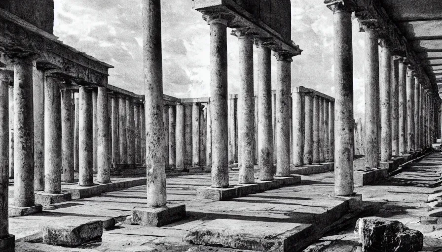 Prompt: 1 9 7 0 s andrei tarkovsky movie still of a pyramid building with columns, by piranesi, panoramic, ultra wide lens, cinematic light, anamorphic, marble