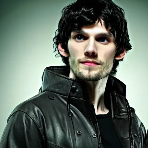 Image similar to Colin Morgan as Cyberpunk Merlin