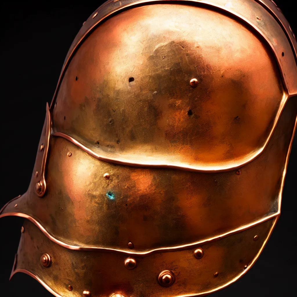 Prompt: a photo of a duel knight's helmet that is made of copper and gold, beautiful ornated details