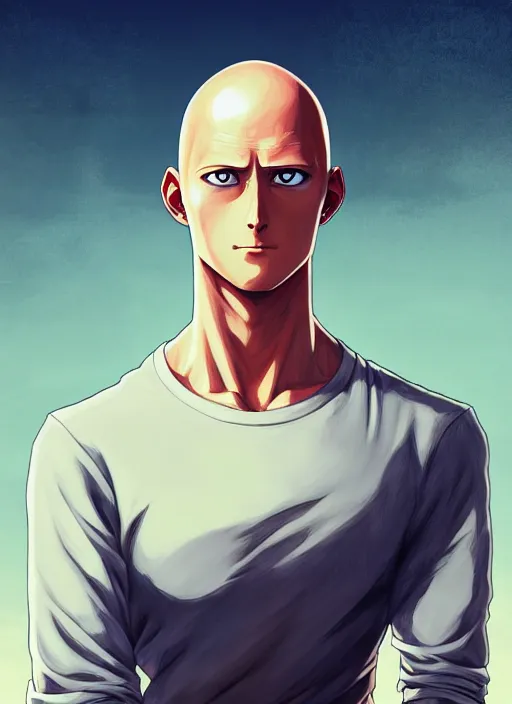 Image similar to handsome saitama, half body shot, path traced, fight scene, highly detailed, high quality, digital painting, alena aenami, lilia alvarado, shinji aramaki, karol bak, alphonse mucha, tom bagshaw