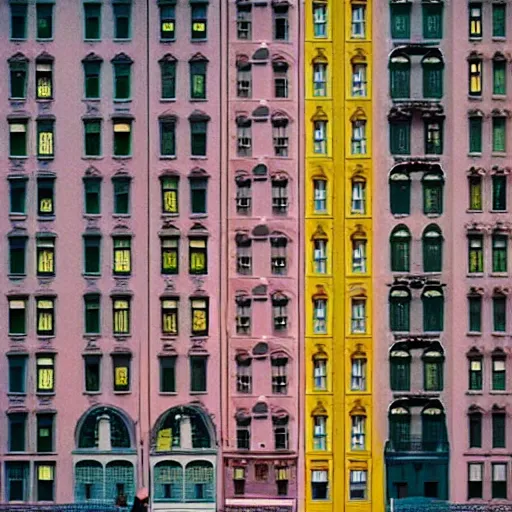 Prompt: Symmetric Wes Anderson film still in big city late at night. Establishing shot. Architecture. 8k resolution. Pastel. Sharp. Whimsical. Symmetry. Stunning.