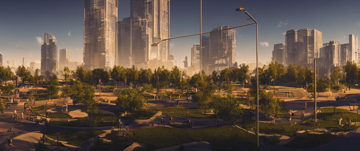 Image similar to modern city center public park, modern landscape architectural design for industrialpunk, gorgeous lighting, golden hour, cyberpunk, 2077, dramatic lighting and composition, high detail digital art 5, 8k