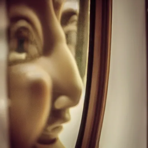 Image similar to close up photo of a clockwork automaton looking into a mirror, soft focus, shallow depth of field, reflective recursion, smooth dreamy autochrome, dim lighting, somber solitary melancholy, silent contemplative atmosphere, 8k