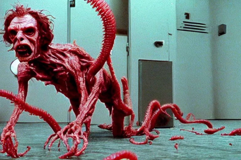 Image similar to filmic extreme wide shot dutch angle movie still 35mm film color photograph of a doctor getting his both his legs pulled and torn off by a bundle of dangerous alien worms coming from off camera, blood slattering, in the style of The Thing 1982 horror film