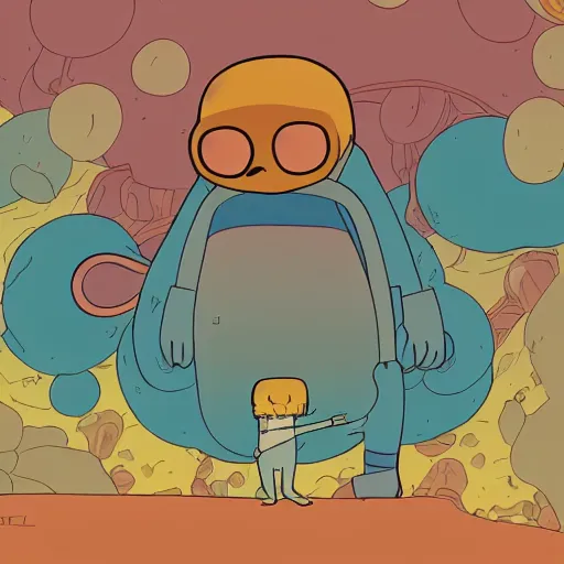 Image similar to in the style of Moebius and Ghostshrimp a young explorer, highly detailed, adventure time colour palette