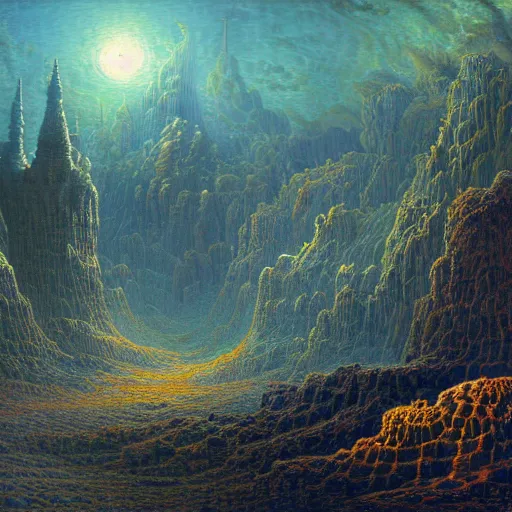 Prompt: a hybrid of the mandelbox and a barren hellscape populated by demons, illustrated by thomas kincade